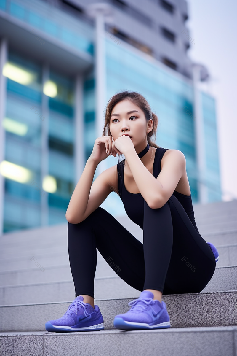 坐在楼梯上的运动型美女实拍摄影图,高清,摄影图,摄影图片,图片大全,摄影图免费下载